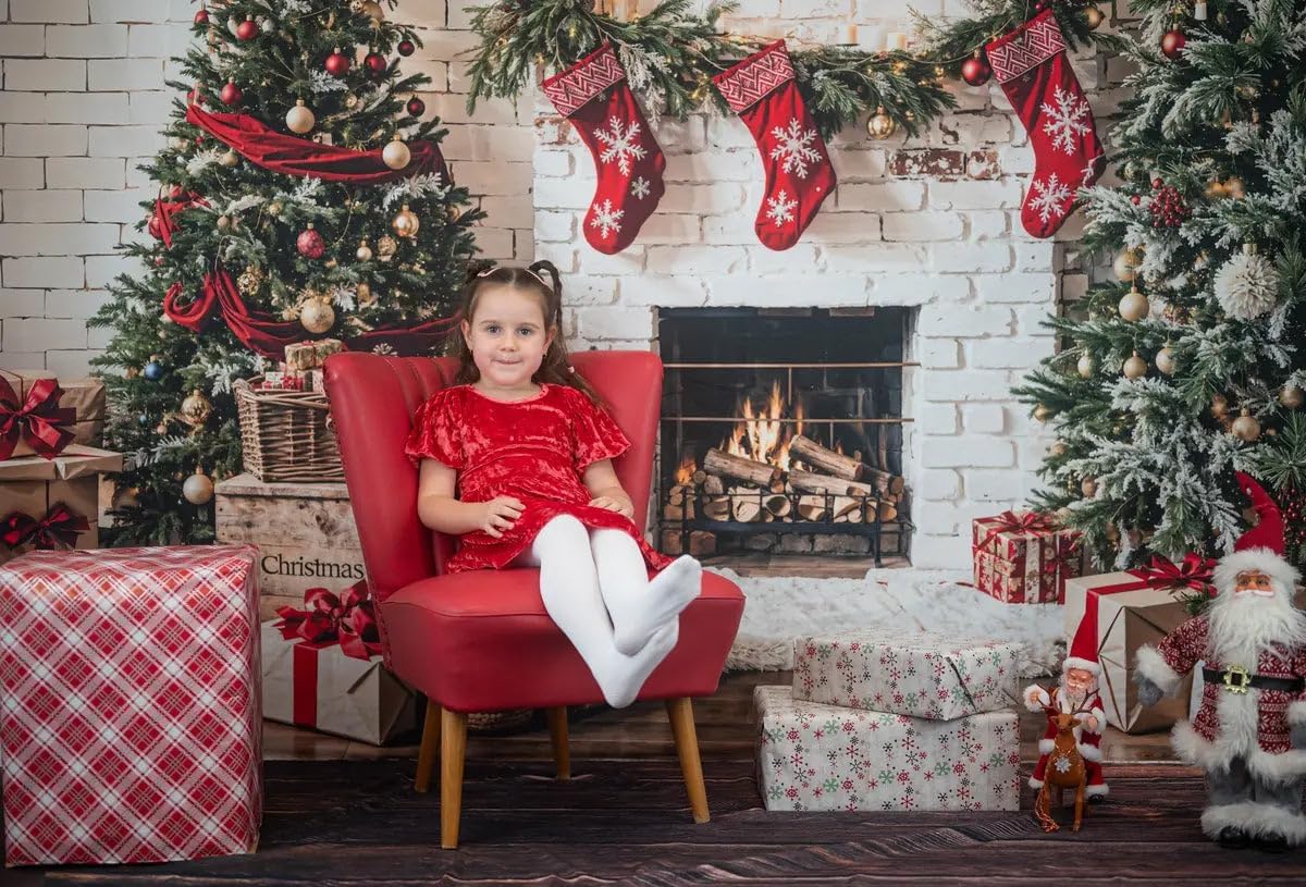 Telón de fondo de Navidad, pared de ladrillo blanco, chimenea y regalos de árbol de Navidad (2.1mts X 1.52mts) - Imagen 2