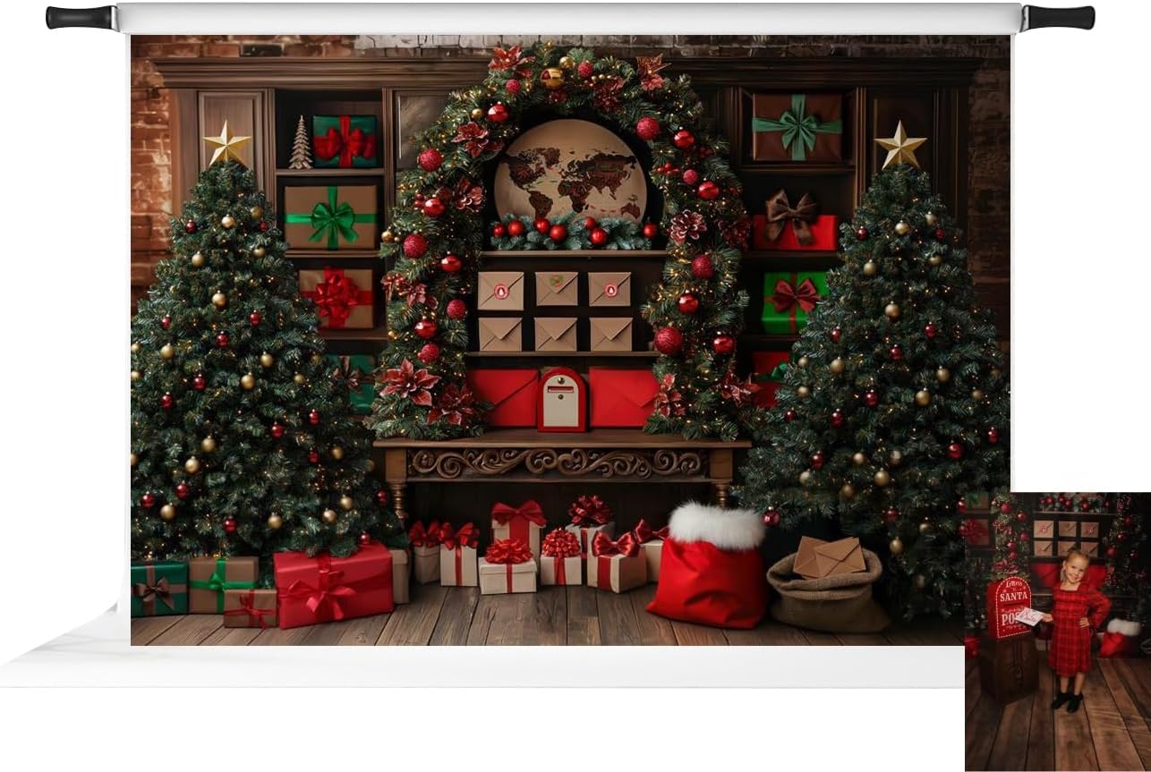 Telón Guirnalda de árbol de Navidad verde de Papá Noel para sala de correo (2.1m X 1.5m)