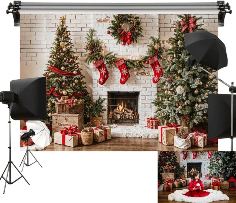 Telón de fondo de Navidad, pared de ladrillo blanco, chimenea y regalos de árbol de Navidad (2.1mts X 1.52mts)