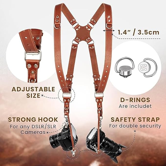 Correa de cuero para cámara dual coku, correa ajustable para cámara DSLR/SLR. - Imagen 2