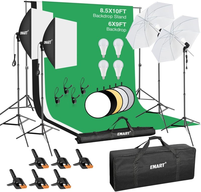 EMART Sistema de soporte de telón de fondo de 8.5 x 10 pies, kit de iluminación profesional para fotografía con bombilla LED de 50 W, telón de fondo de 6