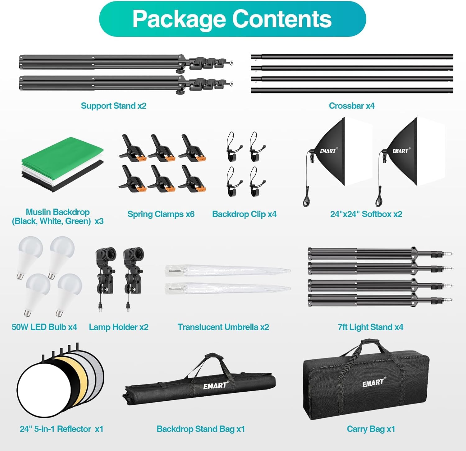 EMART Sistema de soporte de telón de fondo de 8.5 x 10 pies, kit de iluminación profesional para fotografía con bombilla LED de 50 W, telón de fondo de 6 - Imagen 5