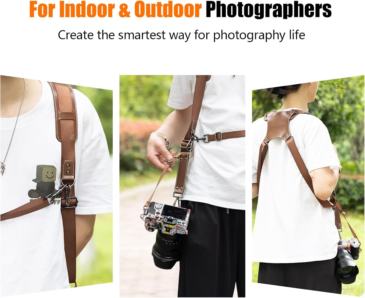 Cwatcun Correa de cámara, arnés de cámara para fotógrafos, correas de hombro de cuero para cámara dual Canon, Nikon, Sony, Fuji DSLR SLR sin espejo - Imagen 6