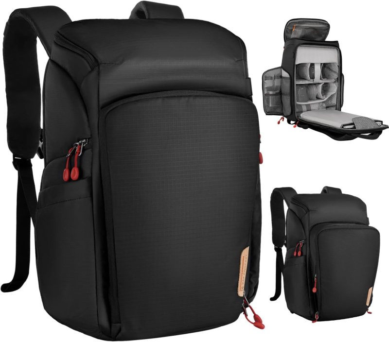 K&F CONCEPT Mochila para cámara con bolsa impermeable de 25L. Color: Negro-rojo