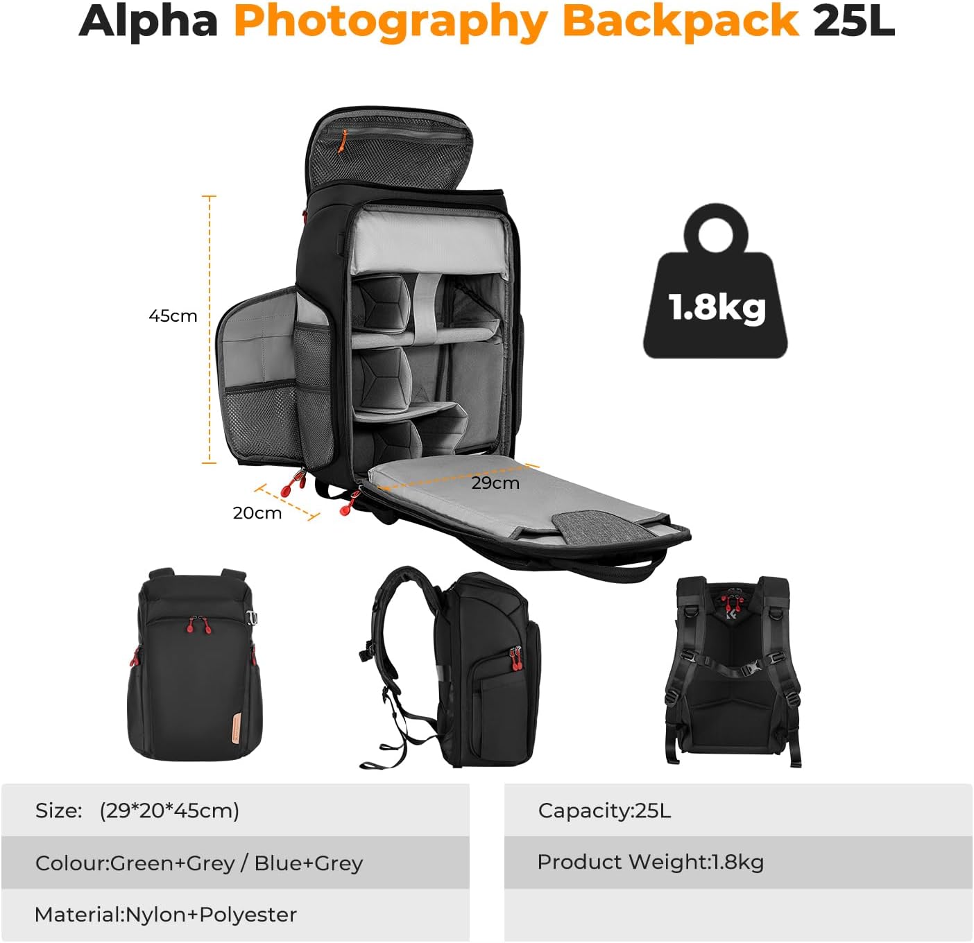 K&F CONCEPT Mochila para cámara con bolsa impermeable de 25L. Color: Negro-rojo - Imagen 7