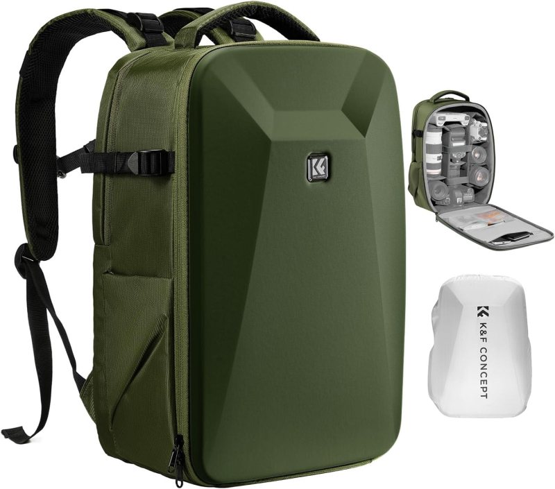 K&F CONCEPT Mochila para Cámara, Bolsa de Fotografía DSLR de Carcasa Rígida para Cámara con Compartimento para Laptop de 15-15.6 Pulgadas, Estuche de Carcasa Rígida para Cámara, Color Verde.