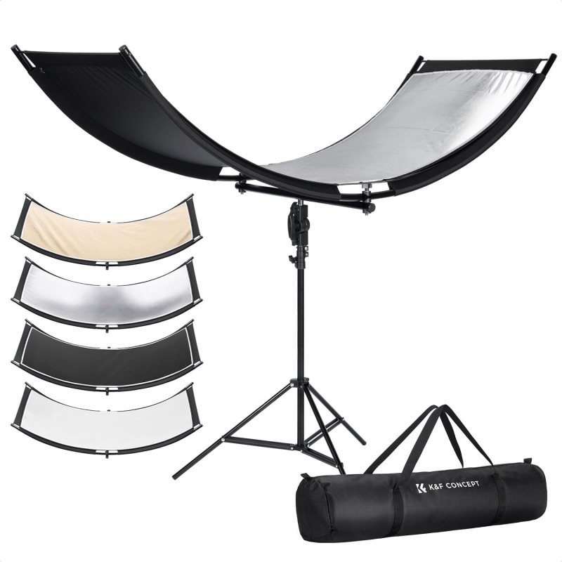 K&F CONCEPT Reflector en U Reflector Curvo 180x60cm con Tela Reflectante 4 en 1, Negro/Dorado/Blanco/Plata, con Soporte de 1.9m