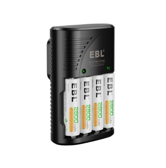 Paquete de 4 pilas recargables AA EBL, pilas AA dobles precargadas de 2800 mAh y cargador de pilas AA/AAA con enchufe de pared plegable.