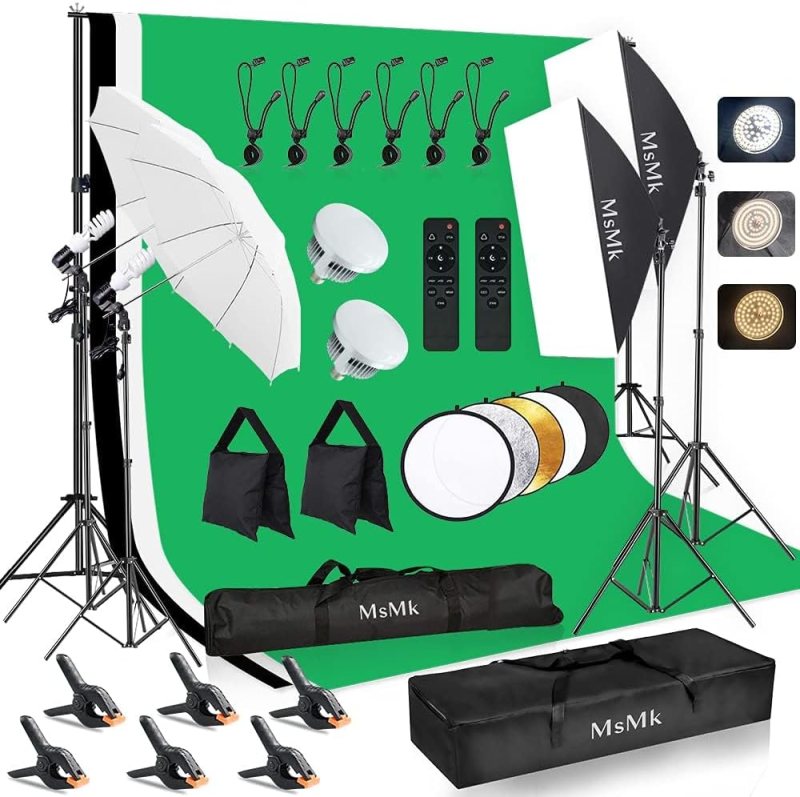 Kit de iluminación para fotografía, sistema de soporte de fondo de 8.5 x 10 pies y juego de caja de luz LED, bombillas de 6400 K, paraguas, kit de iluminación continua de