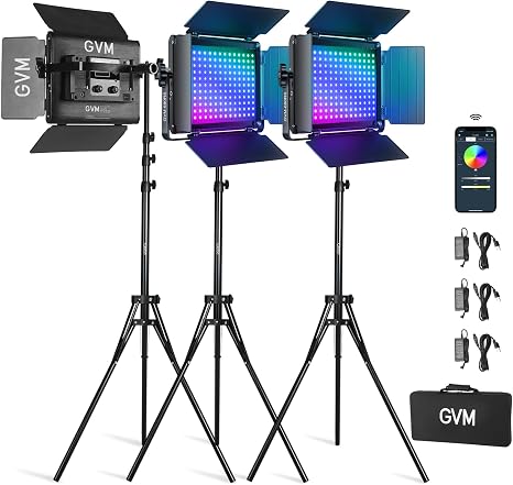 GVM - Kit de luz LED RGB para video, iluminación de fotografía regulable con control de aplicación, 680RS 50W, 3 paquetes de luz LED