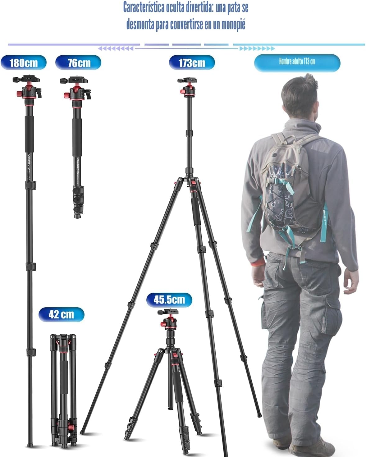 CAMBOFOTO Trípode para Cámara y Móvil 173 cm con Monopié y Rótula 360 - Imagen 5