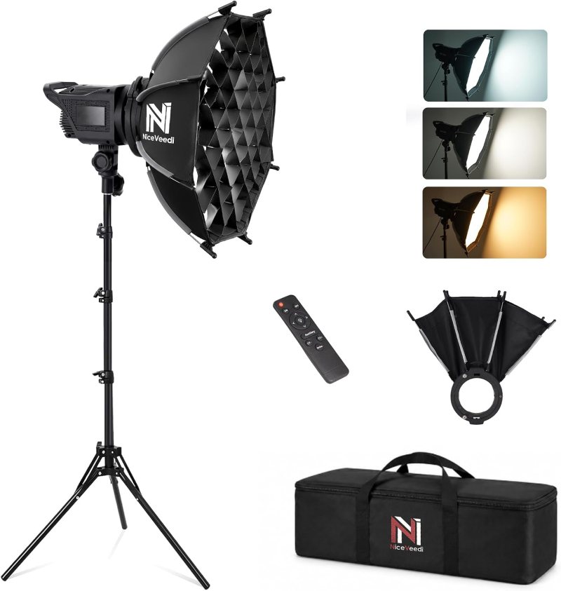 Kit de iluminación softbox Niceveedi, iluminación fotográfica LED 2700-6500K con softbox de liberación rápida de 16,5", montaje Bowens, sistema de refrigeración, mando a distancia con trípode